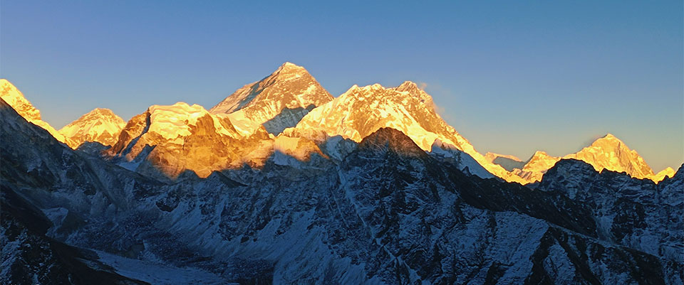 Sunset view from Gokyo Ri over Mount Everest, Lhotse, and Makalu.