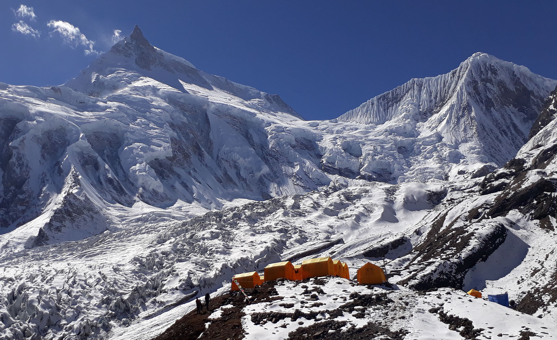 Manaslu Climbing groups Camp at Manaslu Base Camp, with a Clear view of Manaslu Massif. 