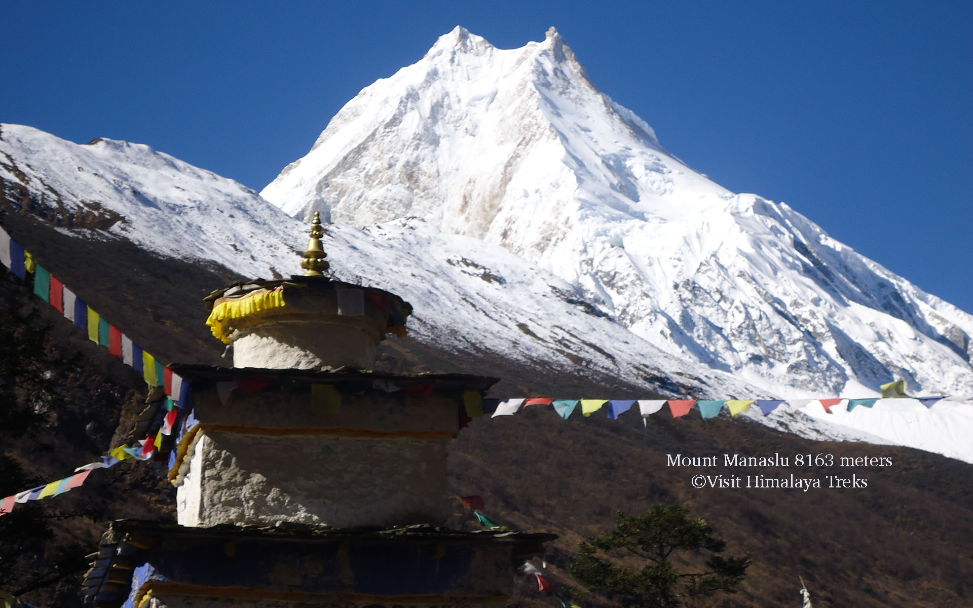Mount Manaslu and Buddhist Stupa 